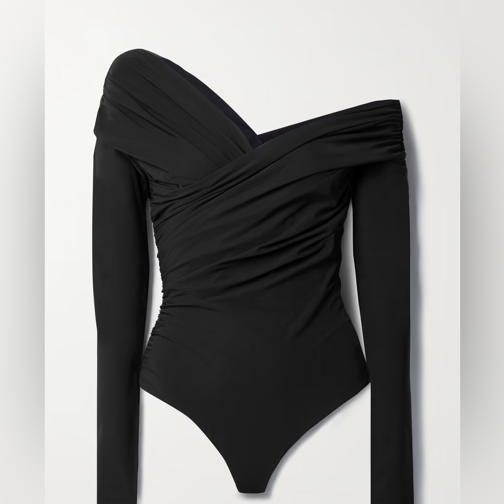 Goldsign Women's Black One Off Shoulder Ruched Stretch Bodysuit XS New!